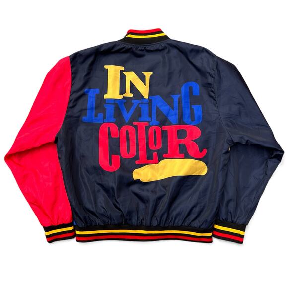 Vintage In Living Color TV Promo Colorblock Satin Snap Bomber Jacket Blue Black - Picture 2 of 6